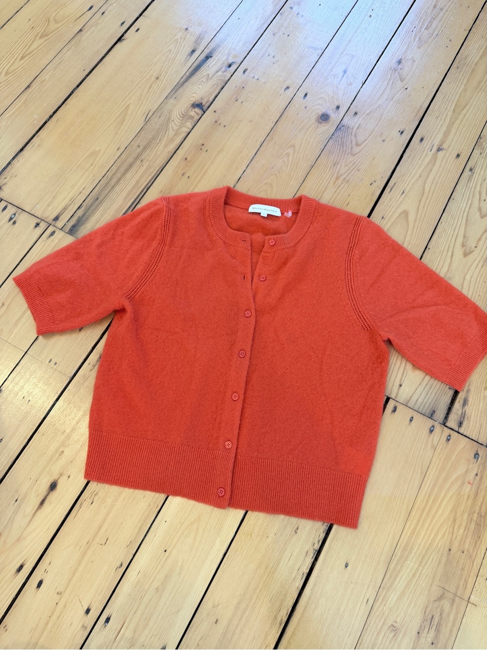 White + Warren Short-Sleeve Button Cardigan in Bright Red-Orange